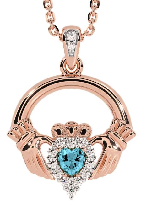 Diamond Aquamarine Rose Gold Silver Claddagh Necklace