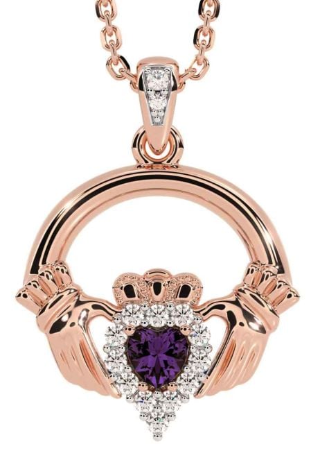 Diamond Alexandrite Rose Gold Silver Claddagh Necklace