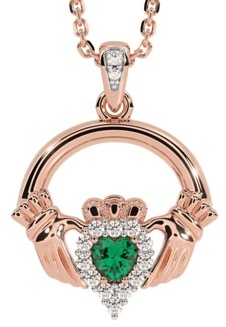 Diamond Emerald Rose Gold Silver Claddagh Necklace