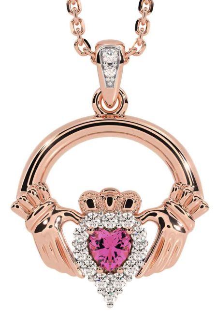 Diamond Pink Tourmaline Rose Gold Silver Claddagh Necklace