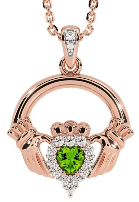 Diamond Peridot Rose Gold Silver Claddagh Necklace