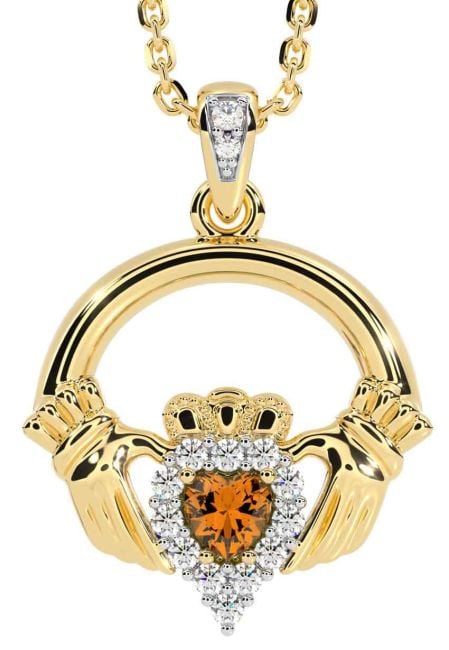 Diamond Citrine Gold Silver Claddagh Necklace