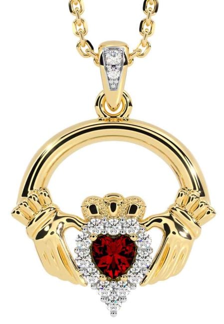 Diamond Garnet Gold Silver Claddagh Necklace