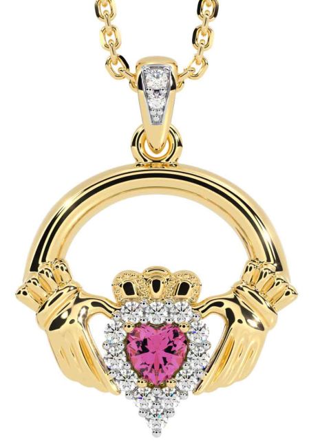 Diamond Pink Tourmaline Gold Silver Claddagh Necklace