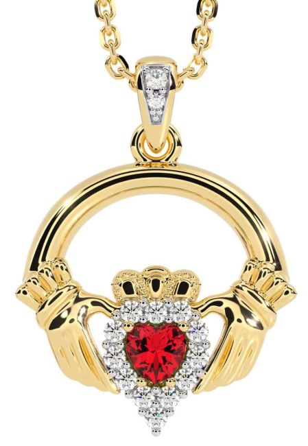 Diamond Ruby Gold Silver Claddagh Necklace