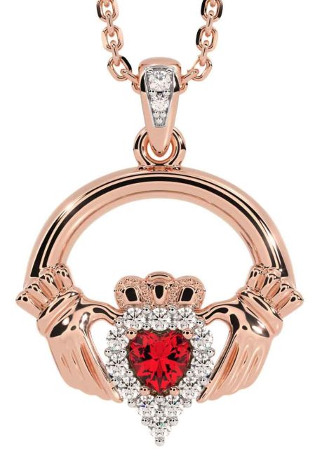 Diamond Ruby Rose Gold Claddagh Necklace