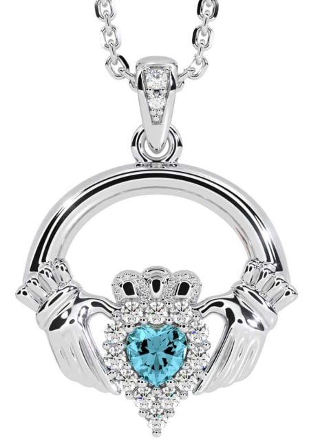 Diamond Aquamarine Silver Claddagh Necklace