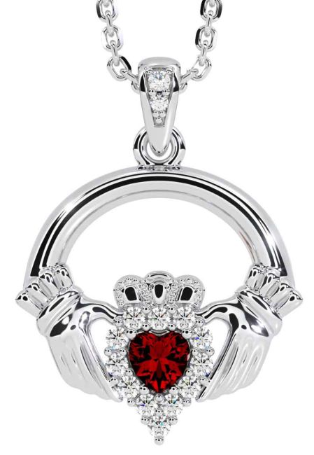 Diamond Garnet Silver Claddagh Necklace