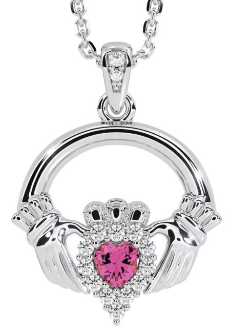 Diamond Pink Tourmaline Silver Claddagh Necklace