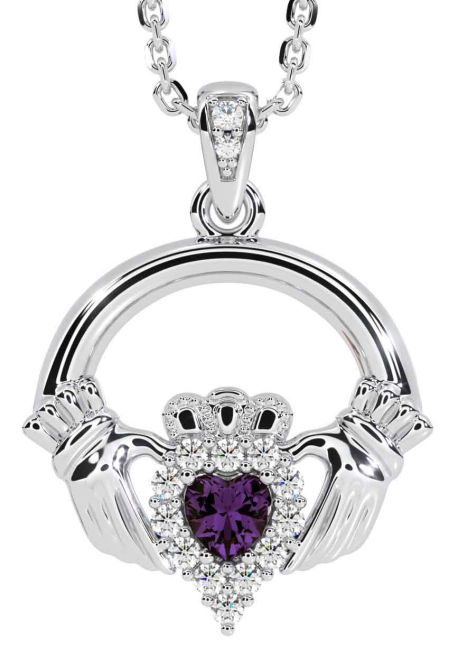 Diamond Alexandrite White Gold Claddagh Necklace