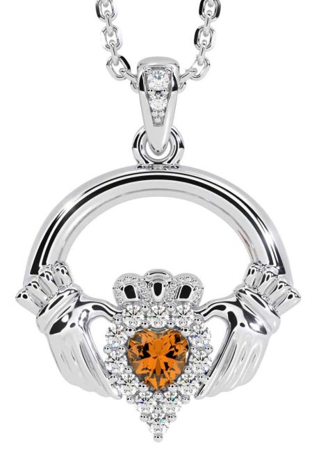 Diamond Citrine White Gold Claddagh Necklace