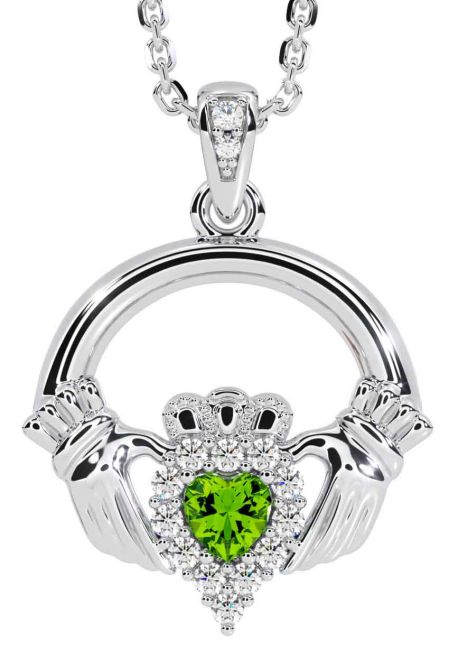 Diamond Peridot White Gold Claddagh Necklace