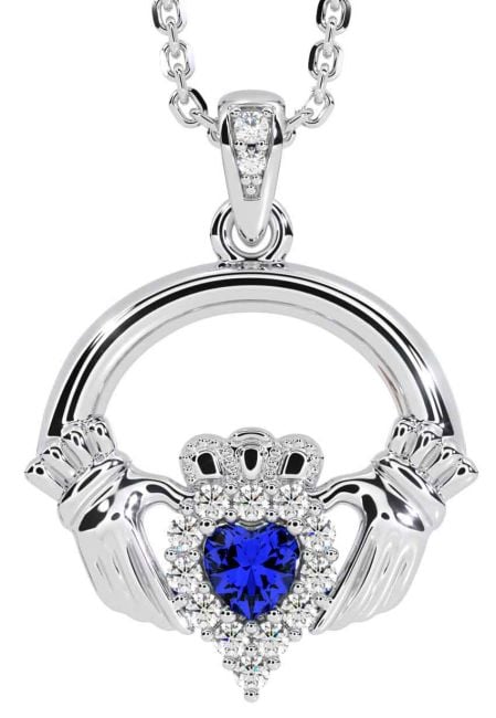 Diamond Sapphire White Gold Claddagh Necklace