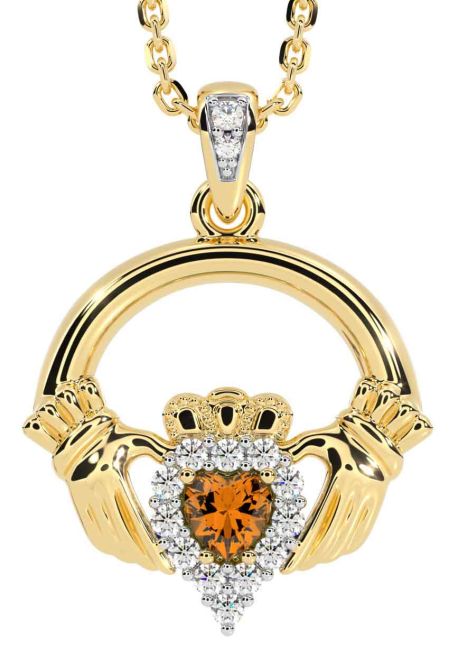 Diamond Citrine Gold Claddagh Necklace