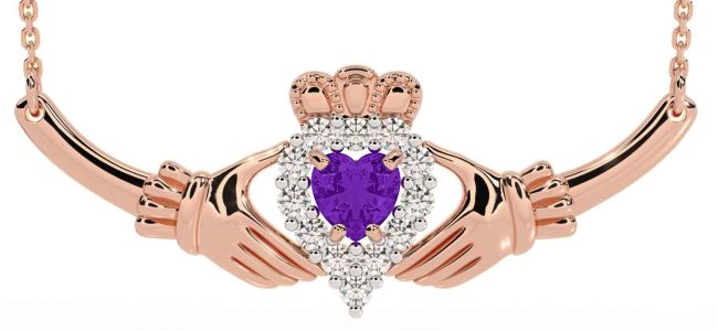 Diamond Amethyst Rose Gold Silver Claddagh Necklace