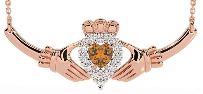 Diamond Citrine Rose Gold Silver Claddagh Necklace