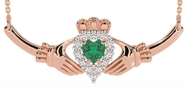 Diamond Emerald Rose Gold Silver Claddagh Necklace