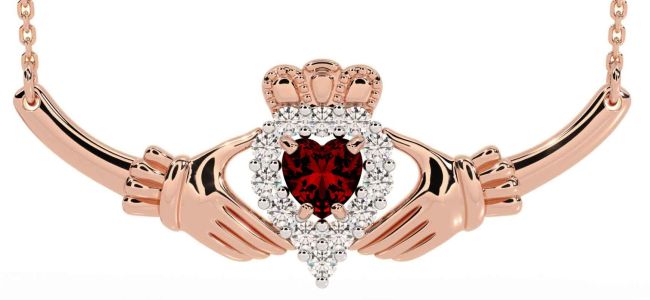 Diamond Garnet Rose Gold Silver Claddagh Necklace