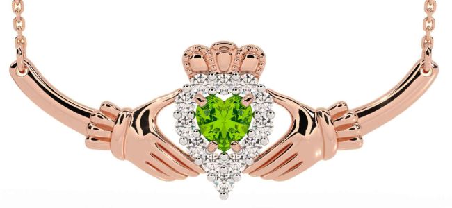Diamond Peridot Rose Gold Silver Claddagh Necklace