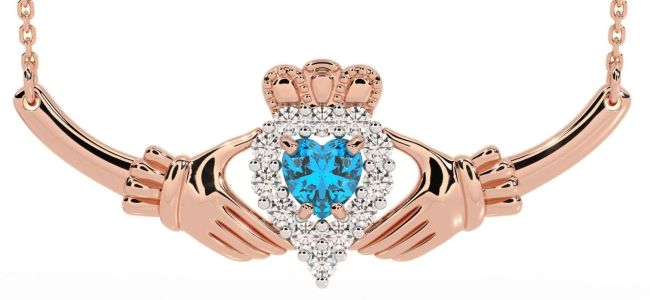 Diamond Topaz Rose Gold Silver Claddagh Necklace