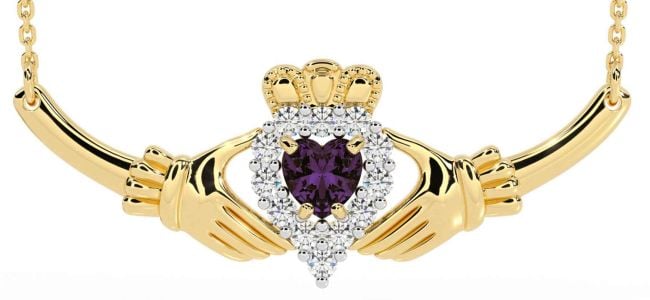 Diamond Alexandrite Gold Silver Claddagh Necklace