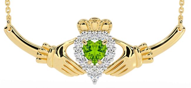 Diamond Peridot Gold Silver Claddagh Necklace