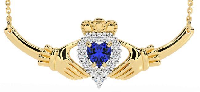 Diamond Sapphire Gold Silver Claddagh Necklace