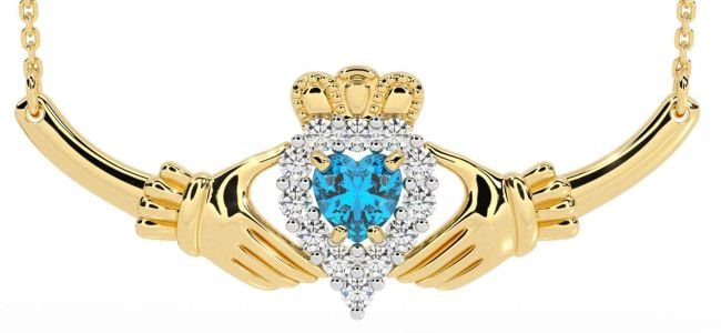 Diamond Topaz Gold Silver Claddagh Necklace