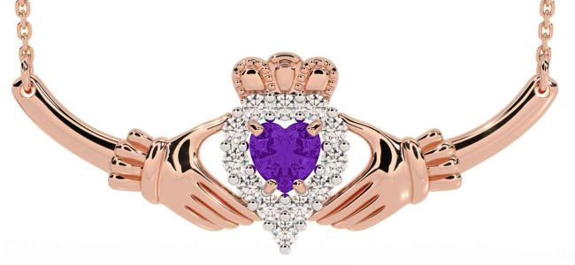 Diamond Amethyst Rose Gold Claddagh Necklace