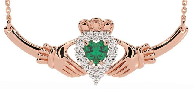 Diamond Emerald Rose Gold Claddagh Necklace