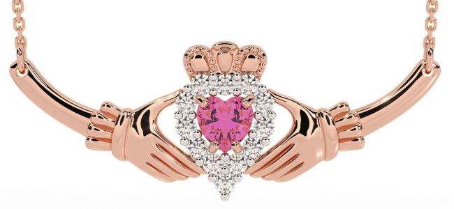Diamond Pink Tourmaline Rose Gold Claddagh Necklace