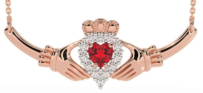 Diamond Ruby Rose Gold Claddagh Necklace