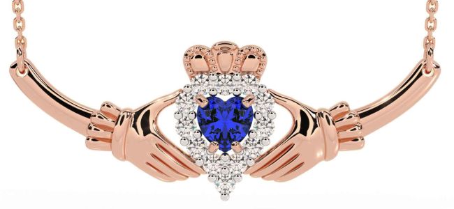Diamond Sapphire Rose Gold Claddagh Necklace