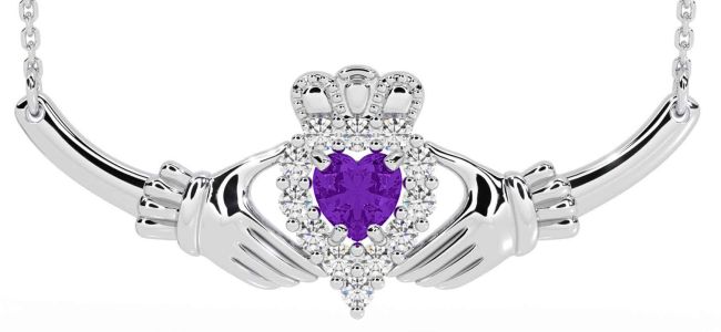 Diamond Amethyst Silver Claddagh Necklace