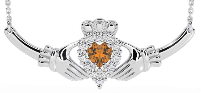Diamond Citrine Silver Claddagh Necklace