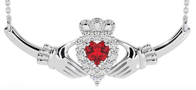Diamond Ruby Silver Claddagh Necklace