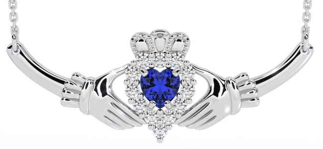 Diamond Sapphire Silver Claddagh Necklace