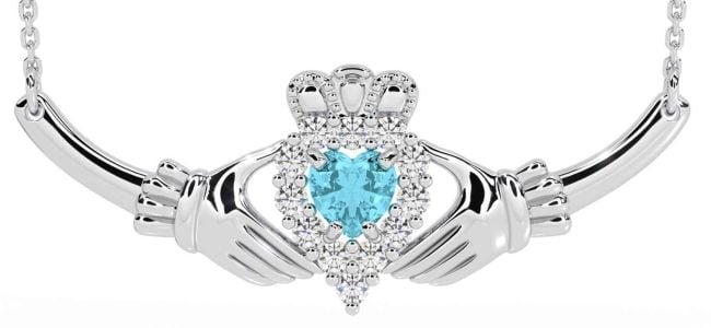 Diamond Aquamarine White Gold Claddagh Necklace