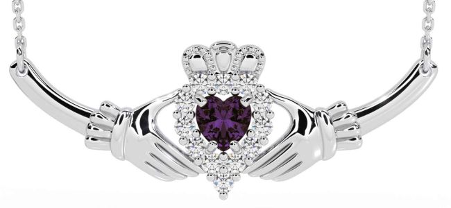 Diamond Alexandrite White Gold Claddagh Necklace