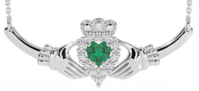 Diamond Emerald White Gold Claddagh Necklace