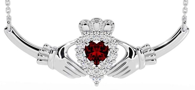 Diamond Garnet White Gold Claddagh Necklace