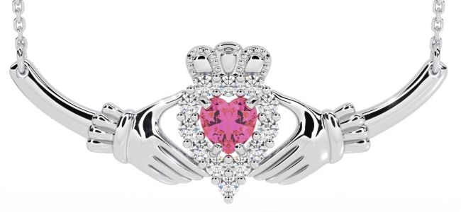 Diamond Pink Tourmaline White Gold Claddagh Necklace