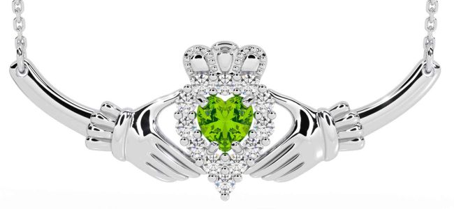 Diamond Peridot White Gold Claddagh Necklace