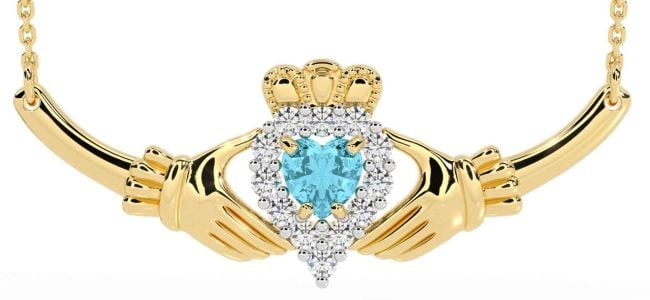 Diamond Aquamarine Gold Claddagh Necklace