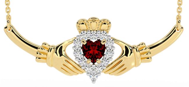 Diamond Garnet Gold Claddagh Necklace