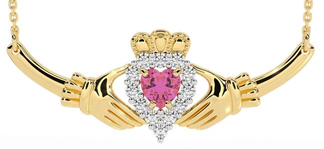 Diamond Pink Tourmaline Gold Claddagh Necklace