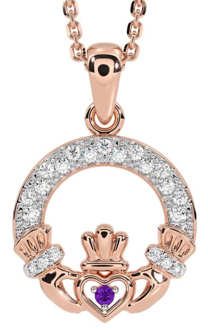 Diamond Amethyst Rose Gold Silver Claddagh Necklace