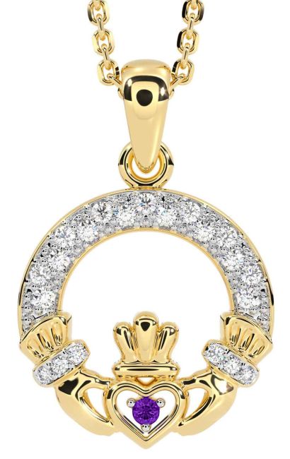 Diamond Amethyst Gold Silver Claddagh Necklace