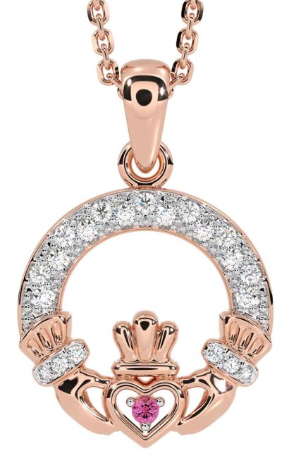 Diamond Pink Tourmaline Rose Gold Claddagh Necklace