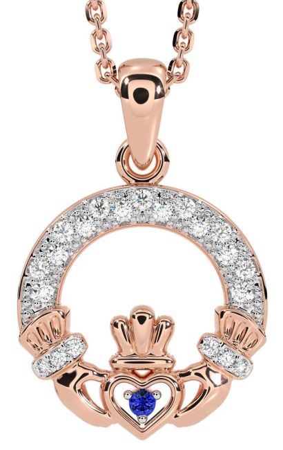 Diamond Sapphire Rose Gold Claddagh Necklace